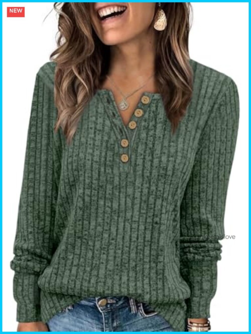 Womens Ribbed Knit Henley Button V Neck Pullover Sweater Long Sleeve Top